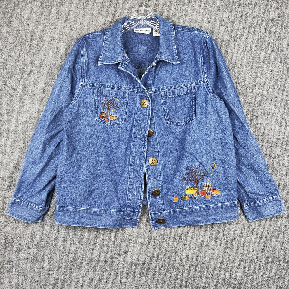 Breckenridge Jacket Womens Petite Medium Blue Denim Embroidered Fall Pumpkins